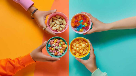 Four hands holding colorful cups of snacks