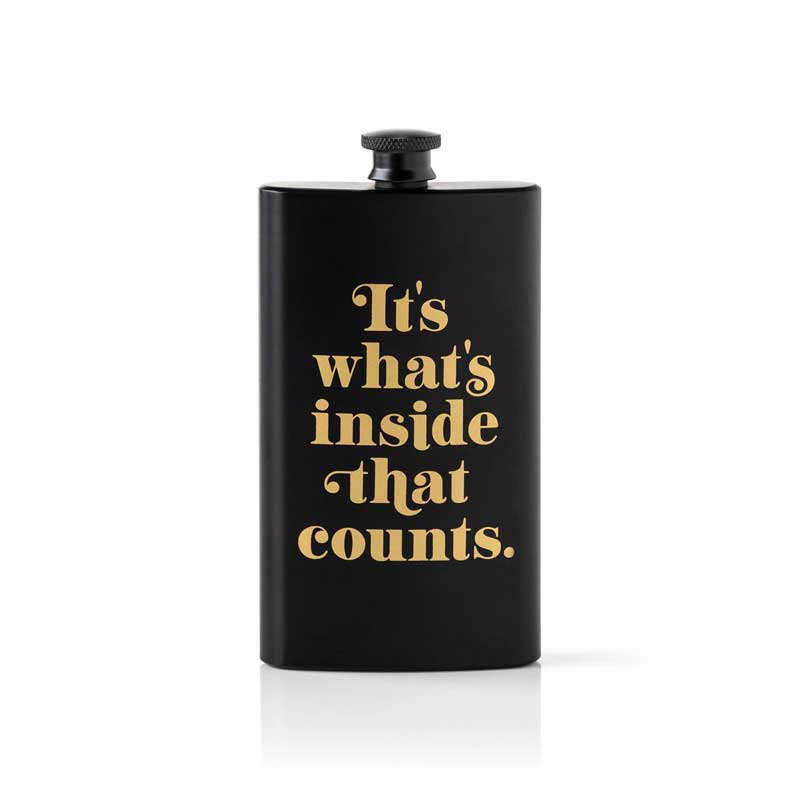funny flask that says "it's what's inside that counts"