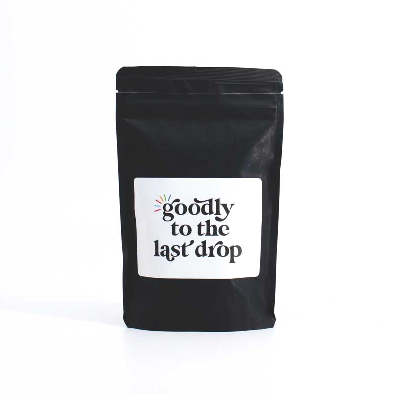 A bag of Goodly to the Last Drop coffee blend