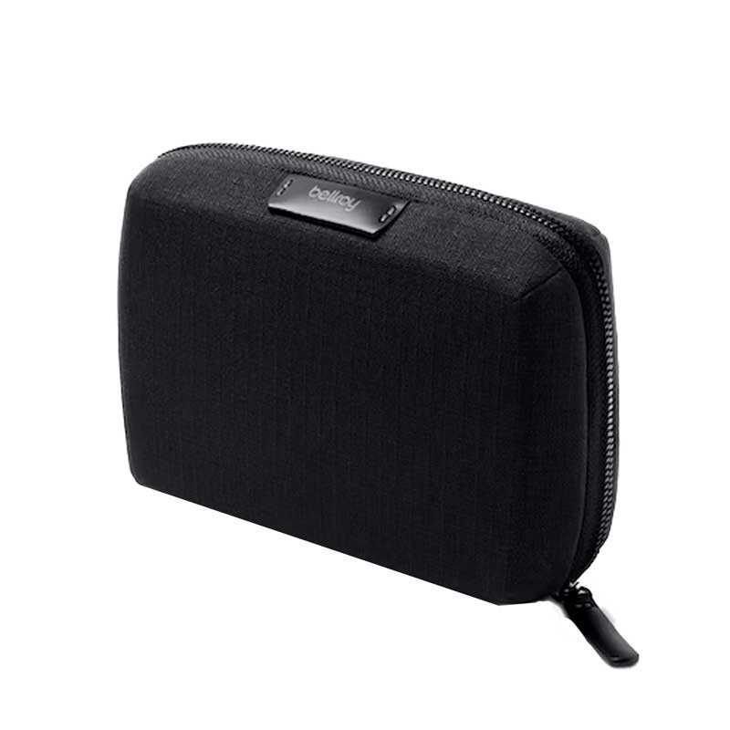 Zippered soft shell pouch with mesh pockets and elastic loops 