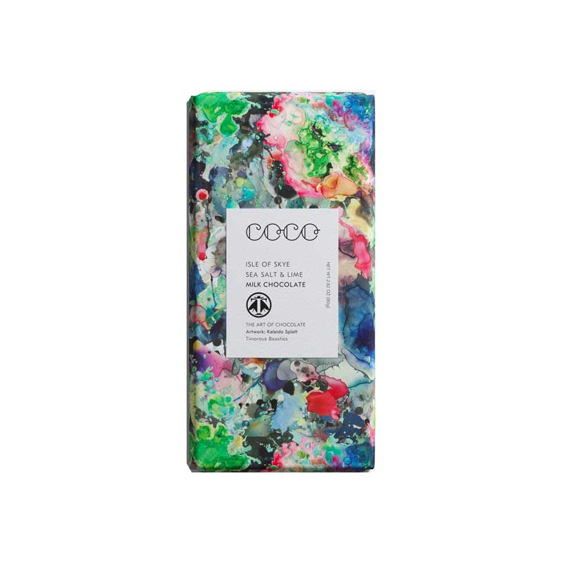 delicious sea salt and lime dark chocolate wrapped in beautiful watercolor artwork