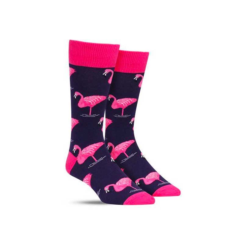 blue novelty socks with pink flamingos on them