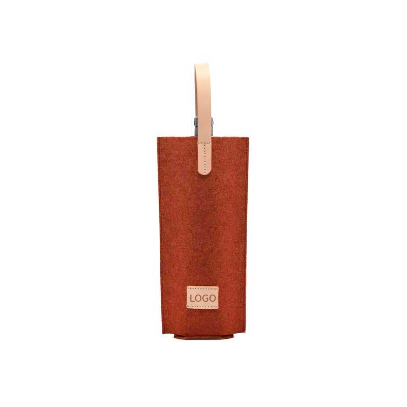 Single-bottle wine carrier made of merino wool felt, with leather straps