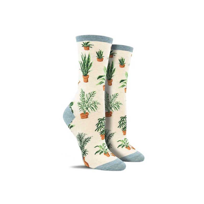 Cute women’s socks with a pattern of various potted plants and watering cans