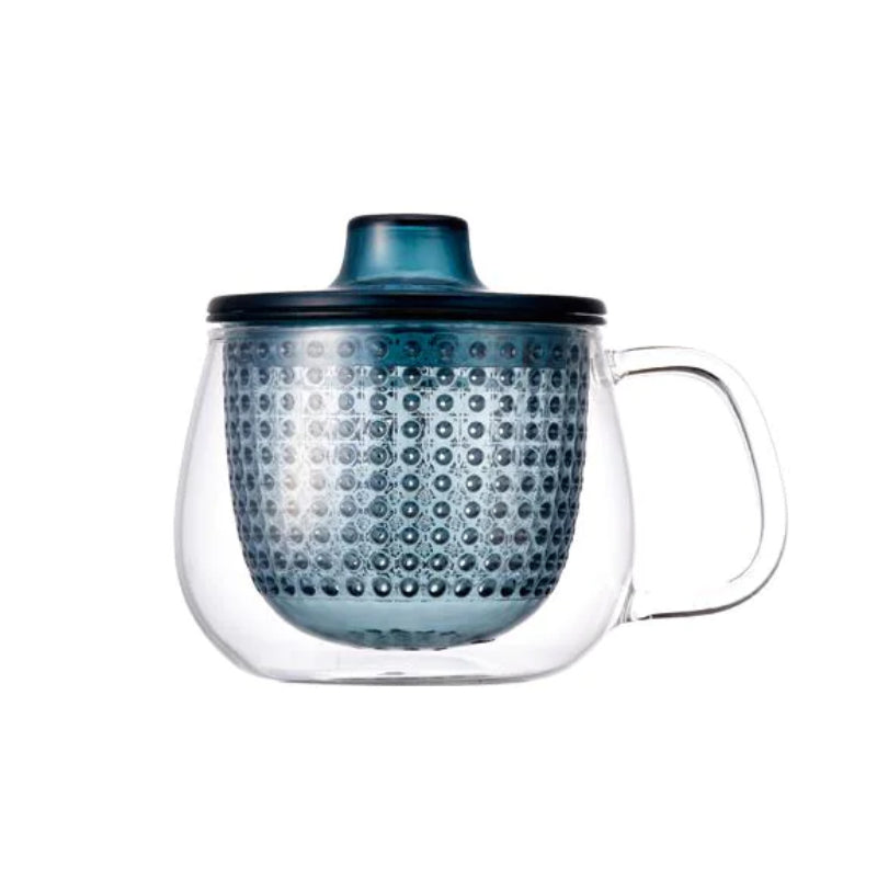 double walled glass mug with a tea infusing lid