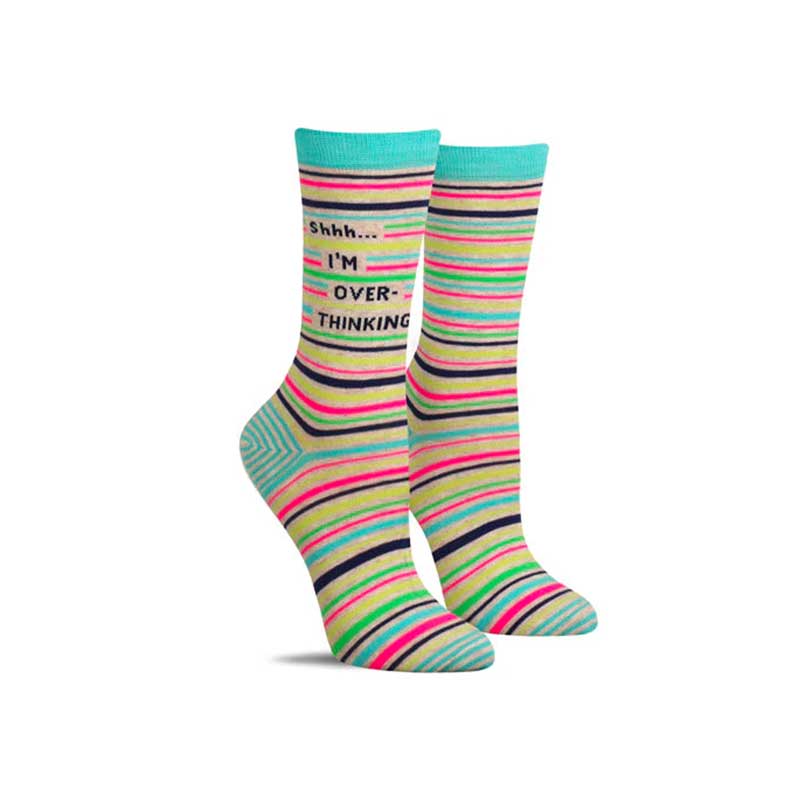 Funny women’s socks with a striped pattern and the words “Shhh ... I’m over-thinking”