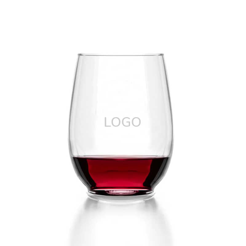 stemless wine glass with an etching of "logo"