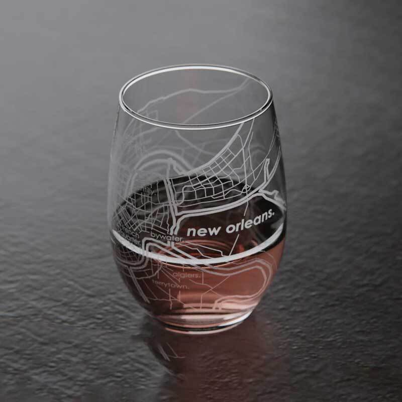 stemless wine glass with an etching of a city map 