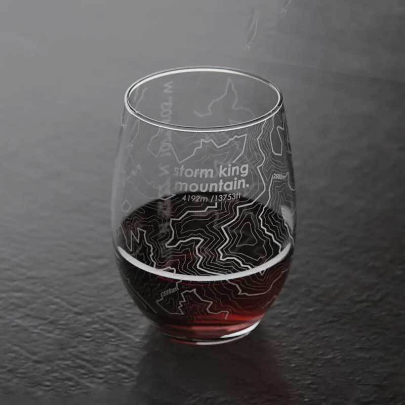 stemless wine glass with an etching of a topographical map 