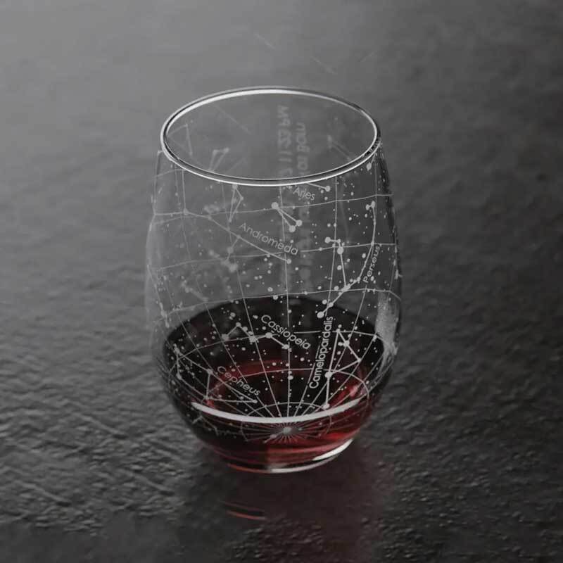 stemless wine glass with an etching of a night sky