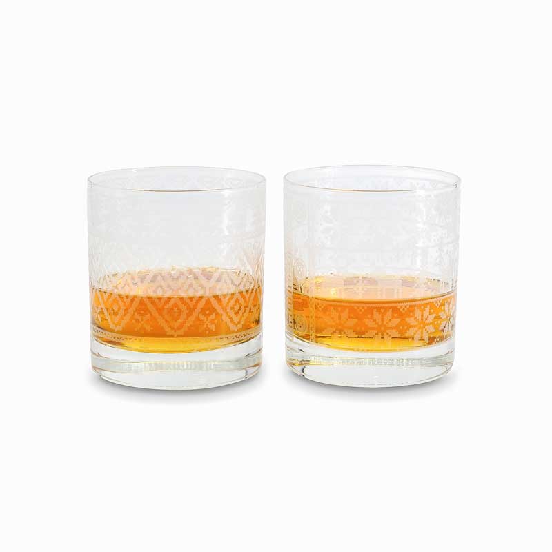 deluxe rocks glasses etched with ugly christmas sweater patterns
