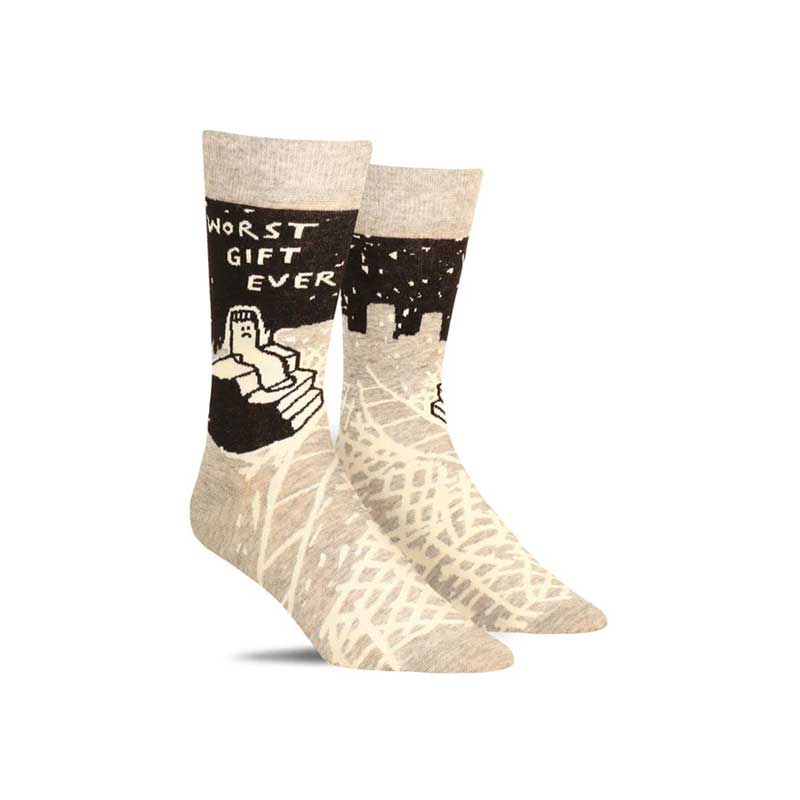 sock with a design showing a sad sock and the words "worst gift ever"