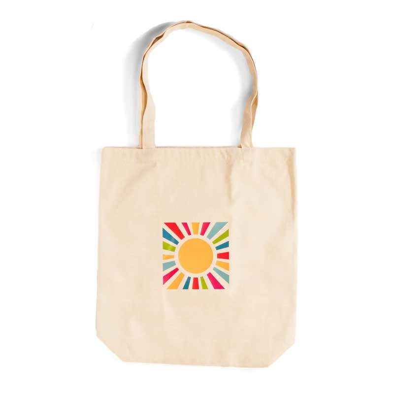 Cool tote bag with an original design of a colorful sun on one side