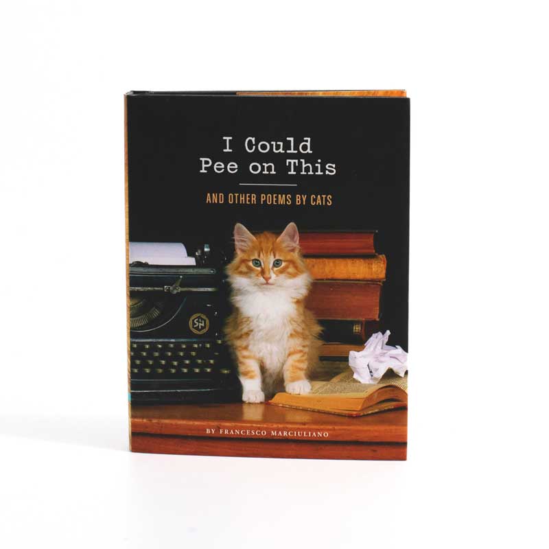 "I Could Pee on This" book with a tabby cat sitting next to old books