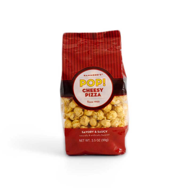 Bag of gourmet, savory and saucy pizza-flavored popcorn