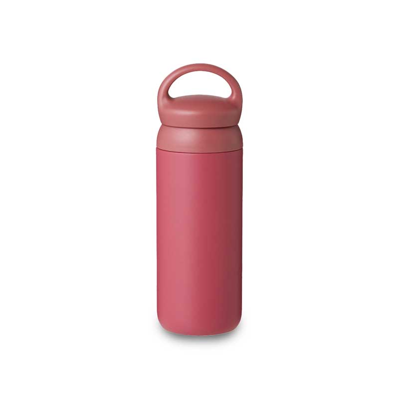 Insulated, stainless steel travel tumbler with a rounded handle for easy carrying