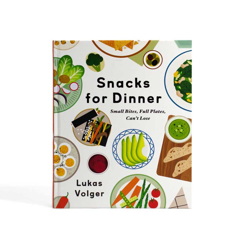 "Snacks for Dinner" cookbook with various snack foods on the cover
