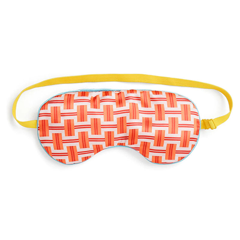 Eye mask with an orange and red design, and a yellow band.