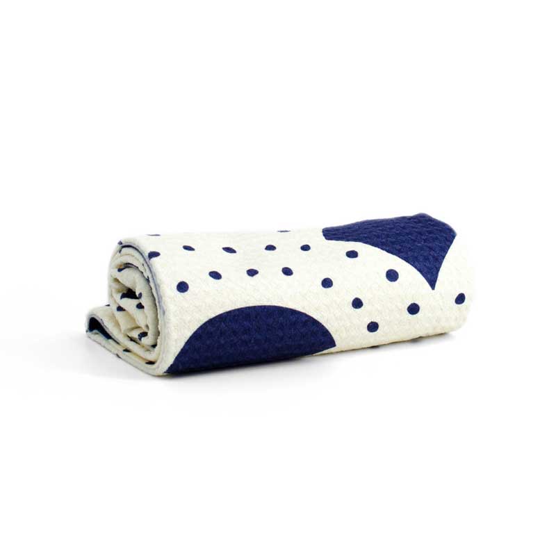 high-quality dish towel with a pattern of blue arches and dots