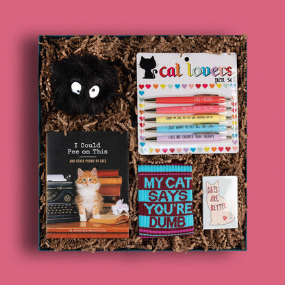 Cat-themed corporate gift box with socks, a magnet, cat toy and more