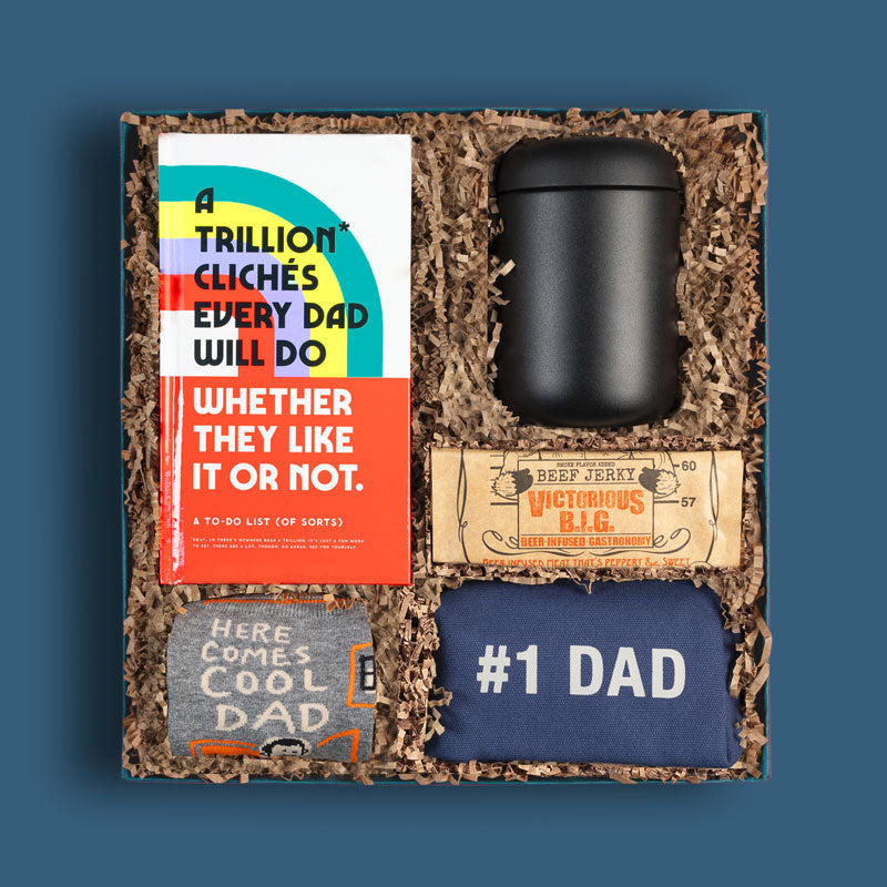Unique, corporate gift box with gifts for dads, with a book, Dopp kit bag, socks and more