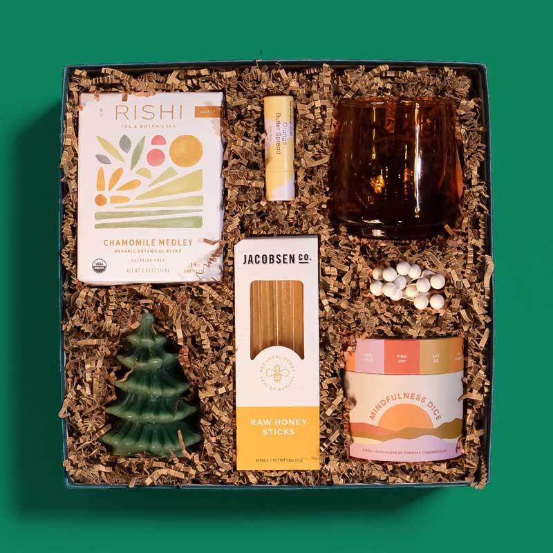 Soothing holiday gift box with tea, honey, scented lip balm and mindfulness dice