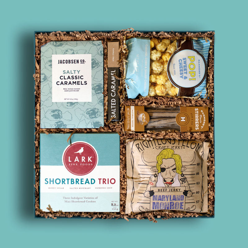 Delicious, curated gift box filled with sweet, savory and salty snack foods