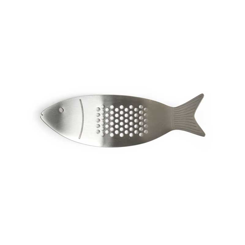 metallic garlic press in the shape of a fish