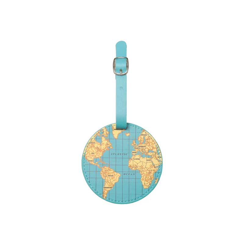 Luggage tag shaped like a globe with a map of the world